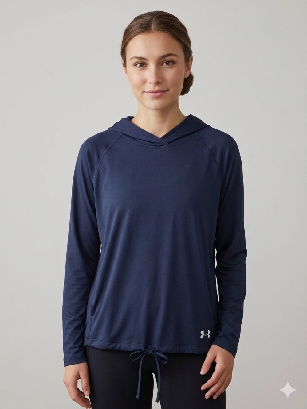 Under Armour Navy Long-Sleeve Hooded Top. Draw String Bottom. Size Small. NWT